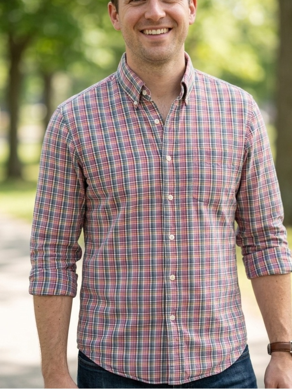 J. Crew Men's Plaid Button-Down Shirt in Red, Blue, Cream